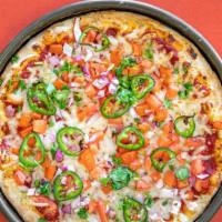 Pico De Gallo Vegan Pizza  · Muertos pizza sauce, vegan cheese, tomatoes, onions, jalapeños and cilantro