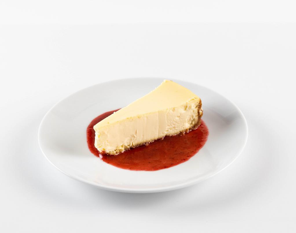 New York-Style Cheesecake · Topped with salted caramel and chocolate sauce