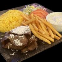 Mega Gyro Bowl · Beef & lamb slices served on saffron rice with lettuce, tomatoes, garlic aioli, fries, grill...