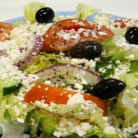 Greek Salad · Fresh lettuce, tomatoes, cucumbers, onions, feta cheese, kalamata olives and Greek dressing ...