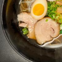 Shoyu Ramen · (Soy Sauce Base)
Toppings: Pork, Egg, Bamboo Shoot, Fish Cake, Bokchoy, Bean Sprout, Green O...