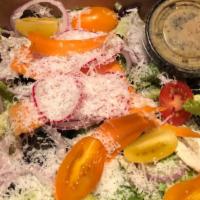 House Salad · Mixed field greens, chopped romaine, radish, red onion, mushrooms, black olives, carrots, ch...