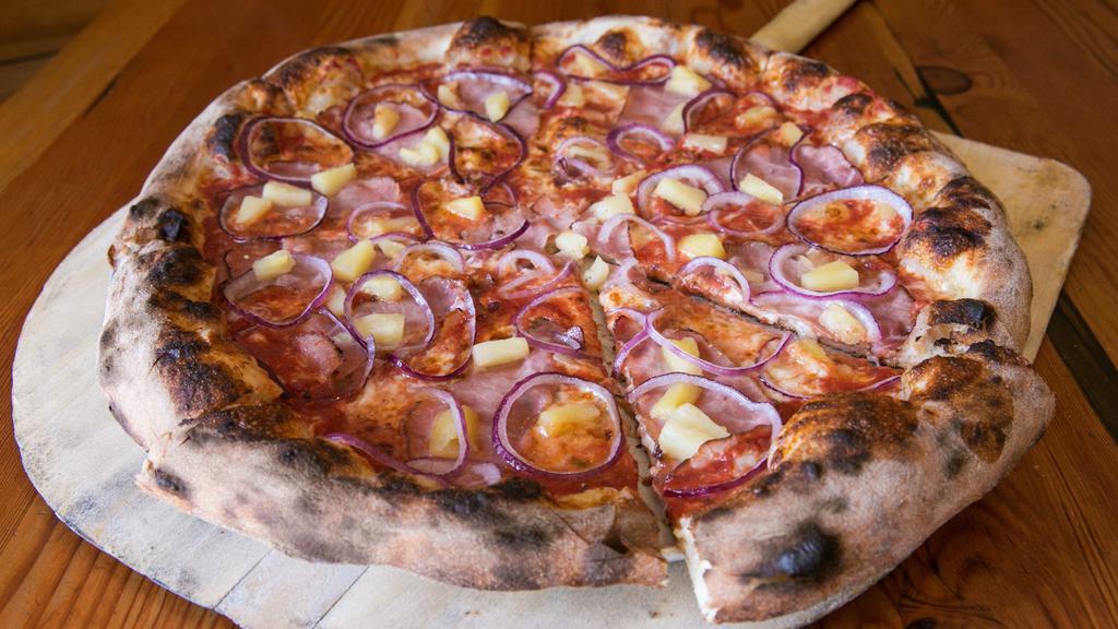 Pig & Pineapple · Cheeses, sauce with house Canadian bacon, pineapple, and red onion.