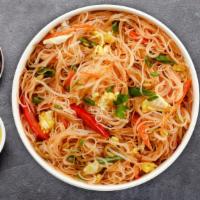 Pad Thai Woon Sen · Glass noodles in House Pad Thai Sauce with bean sprouts and green onions topped with crushed...