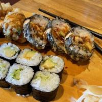 Double Crunch Roll · Shrimp tempura, spicy salmon, krab, avocado, sweet sauce, spicy mayo & gr. onion. Deep fr...