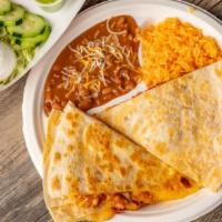 Plato 2 · one big quesadilla with your choice of meat , rice and beans on the side. guacamole, sour cr...