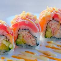 Done Deal! · In: crab meat, cucumber, avocado. Out: tuna, salmon with white sauce, spicy mayo, crunch.