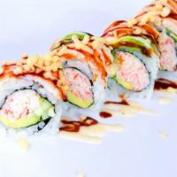 Tiger Roll · In: crab meat, avocado, cucumber. Out: shrimp, avocado, sweet, white sauce, crunch.