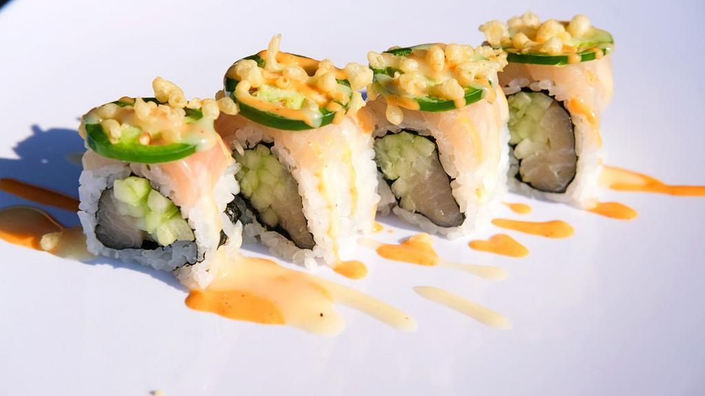 Sea Monster · In: yellowtail, cucumber.
Out: yellowtail, jalapeño, with spicy mayo, special sauce, crunch.
These items may be served raw or undercooked, or contain raw or undercooked ingredients. Consuming raw or undercooked meats, poultry, seafood, shellfish or eggs may increase your risk of foodborne illness