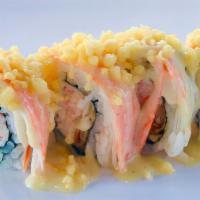 New York Roll · In: crab meat, soft shell crab. 
Out: shredded crab stick with special sauce, white sauce, c...