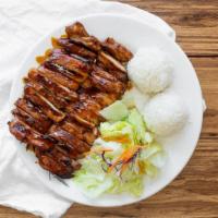 Chicken Teriyaki · Grilled chicken thighs with two scoops rice and salad.
