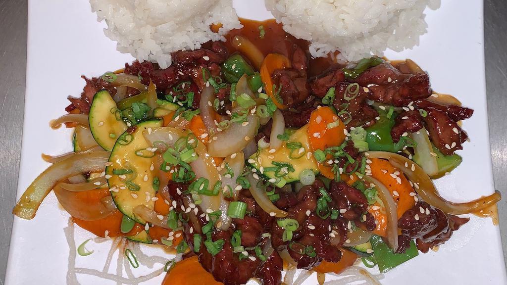 Mongolian Beef · Spicy Mongolian style beef stir fried with onions.