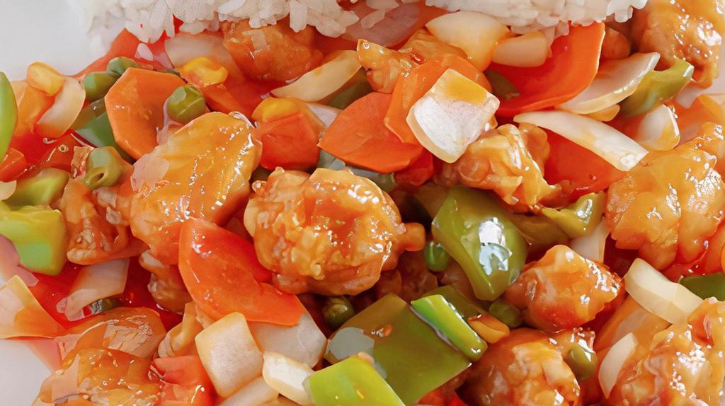 Sweet And Sour Shrimp · Sweet and sour shrimp served with steamed veggies and jasmine rice.