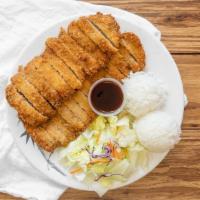 Katsu (Chicken) · Deep fried panko chicken breast. two scoops rice and salad with katsu sauce.