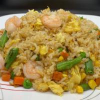 Shrimp Fried Rice · Baby shrimp, peas and carrots.