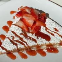 Strawberry Cheese Crepe · Crepe filled with cream cheese and topped with powdered sugar, fresh strawberries and strawb...