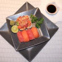 Sushi Lover Combo (10Pcs) · Spicy imitation crab, cucumber & avocado topped with tuna, salmon and nigiri.
