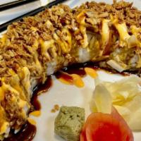 Colorado Crunchy Roll (8Pcs) · Spicy imitation crab, cucumber, avocado topped with fried onion, spicy mayo, Japanese BBQ sa...