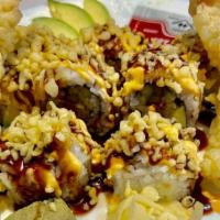 Tempura Shrimp Roll (8Pcs) · Tempura shrimp, avocado, cucumber topped with spicy mayo, Japanese BBQ sauce, tempura crunch...