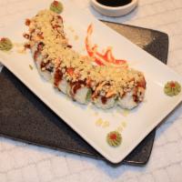Crunchy Shrimp Roll (8Pcs) · Spicy cooked shrimp & cucumber topped with tempura crunch, spicy mayo, Japanese BBQ sauce.