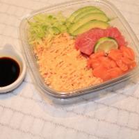 King Poke Bowl · Rice with tuna, salmon, imitation crab cucumber avocado topped with sesame seeds, spicy mayo...