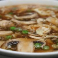 Hot & Sour Soup · Spicy. Chicken, shrimp, mushroom, tofu, peas, willow tree mushroom, peppery and tangy chicke...
