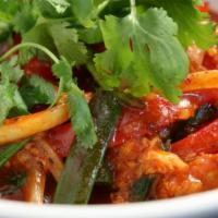 Red Curry Soy Curls Noodles · Spicy, vegetarian. Soy curls, red curry, shiitake, red bell pepper, onion, cilantro.