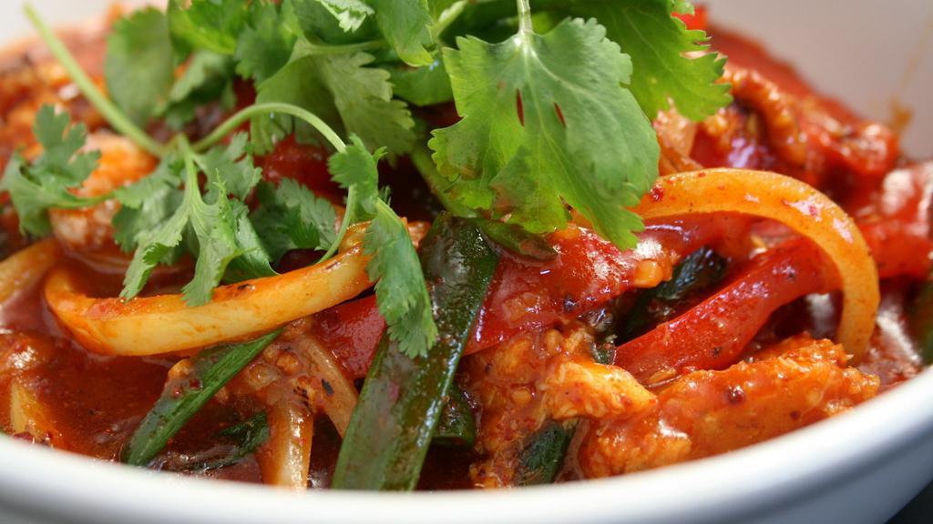 Red Curry Soy Curls Noodles · Spicy, vegetarian. Soy curls, red curry, shiitake, red bell pepper, onion, cilantro.