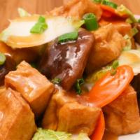 Braised Tofu · Fried tofu, shiitake, Napa cabbage, carrots, spinach, light soy.