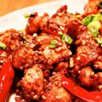 Zhen Bang Chicken · Spicy. Diced chicken, sichuan mah la berry, mandarin orange zest, chili pods, garlic, ginger...