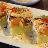 Phoenix Roll* · Shrimp tempura, cream cheese & avocado wrapped in soy paper, topped w/ spicy salmon, Tobiko,...