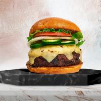 Jalapeno Junkie Vegan Burger  · Seasoned vegan burger patty topped with melted vegan cheese, jalapenos, lettuce, tomato, oni...