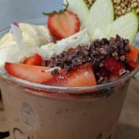 Chocolate Maca · banana, cacao, maca, dates, almond butter, almond milk, plant-based protein