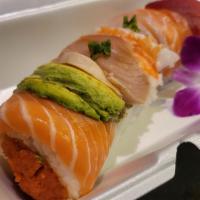 Fire Rainbow Roll · Tuna, white fish, salmon, albacore and shrimp on spicy tuna roll.