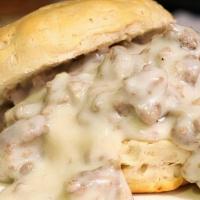 *Biscuits & Gravy · Fluffy biscuit smothered in our house made sausage gravy, two eggs scrambled with your choic...