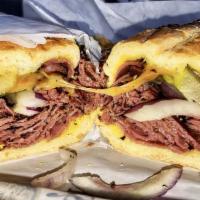Hot Pastrami Subs · Pastrami with melted 3 pepper cheese, topped with pickles, pepperoncini, red onion, mustard ...
