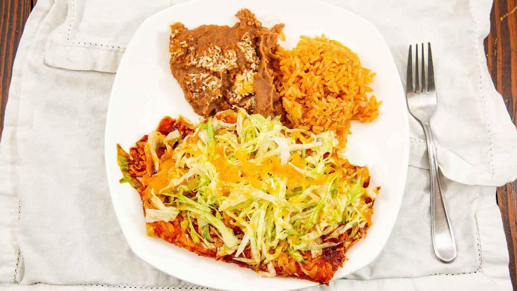 Two Cheese Enchiladas · Served with Rice and Refried Beans (No substitutions.)