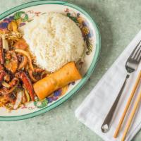 Mongolian Beef Combo · Spicy. Beef wok-fried with onions, scallions, and chili peppers