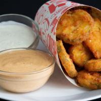 Spicy Fried Pickle Chips · spicy fried pickles // green chili aioli