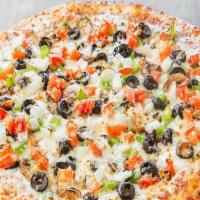 Veggie Pizza · Mushrooms, black olives, green peppers, fresh tomatoes and onion.