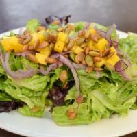 House Salad · Mixed greens, shaved cucumber, carrot, cherry tomato, grape tomatoes, and honey-lime-serrano...