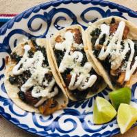 Spicy Kale & Mushroom Tacos · Spicy kale & mushrooms sauteed in chile oil, topped with crema, and cotija cheese. (spicy) (...