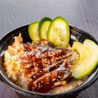 Unagi Bowl · Grilled Fresh water eel served on top of rice bowl with avocado, crab-mix, and cucumber.