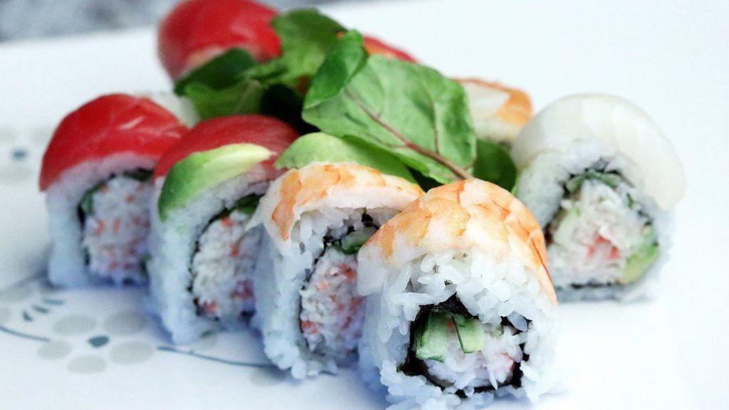 Rainbow Roll · In: crabmeat, cucumber, avocado / out: chef's choice fish (5 pieces), avocado, ponzu sauce. This item may contain raw or undercooked ingredients or may be cooked to order. Consuming raw or undercooked meats, poultry, seafood, shellfish or eggs may increase your risk of food borne illness.