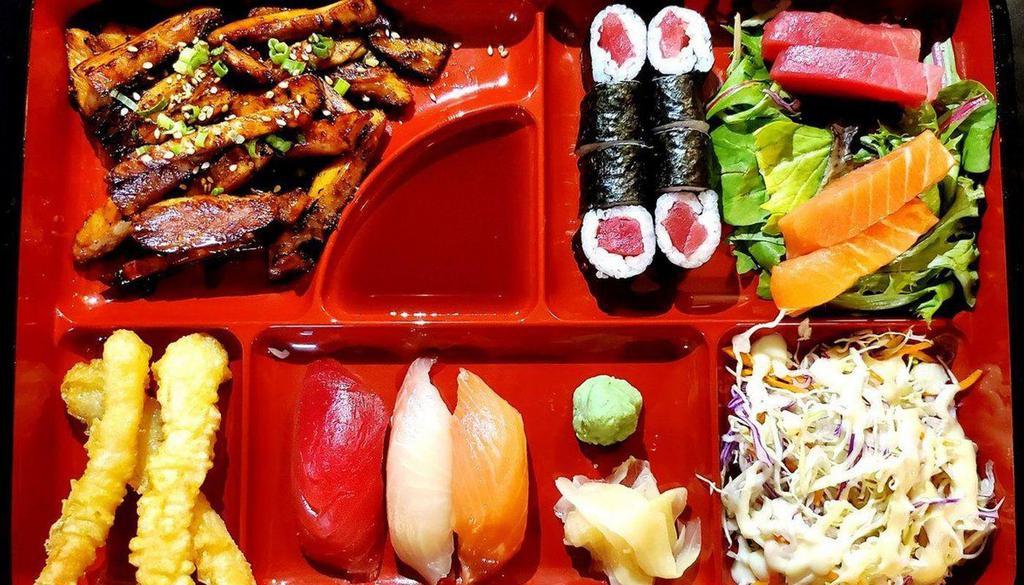 Bento Box C - Chicken Or Beef · Beef or chicken teriyaki, spring mixed salad with three pieces shrimp tempura, three pieces sushi, four pieces sashimi, tuna tekka maki roll. This item may contain raw or undercooked ingredients or may be cooked to order. Consuming raw or undercooked meats, poultry, seafood, shellfish or eggs may increase your risk of food borne illness.