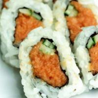 Spicy Tuna Roll · Spicy. Spicy tuna, cucumber. This item may contain raw or undercooked ingredients or may be ...