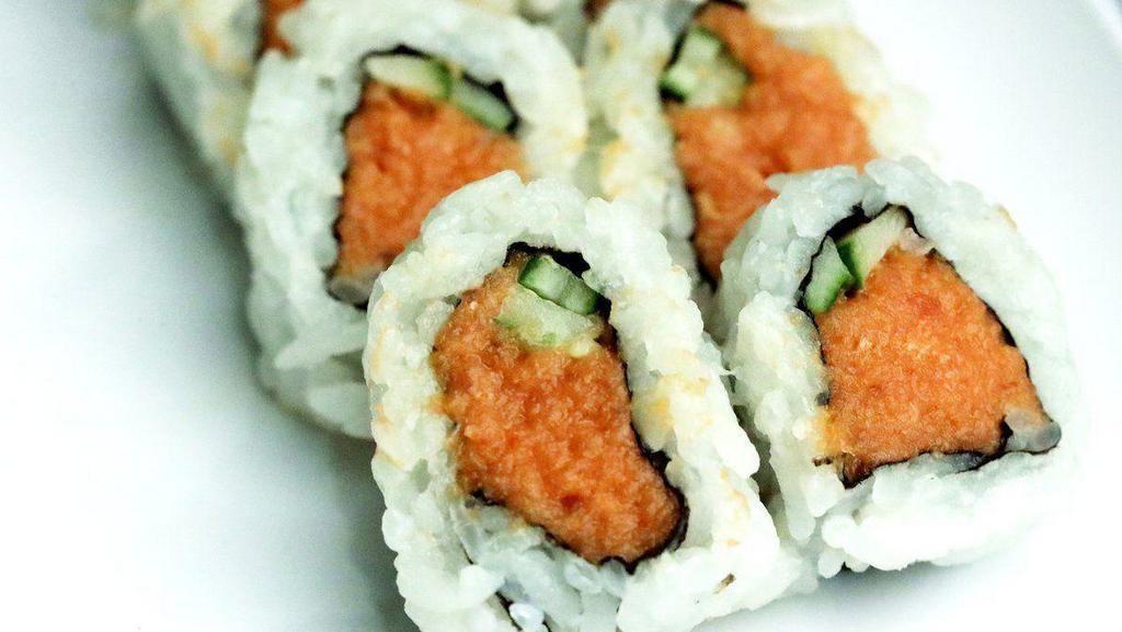 Spicy Tuna Roll · Spicy. Spicy tuna, cucumber. This item may contain raw or undercooked ingredients or may be cooked to order. Consuming raw or undercooked meats, poultry, seafood, shellfish or eggs may increase your risk of food borne illness.
