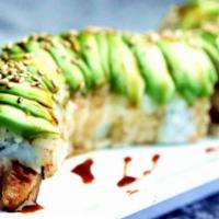 Caterpillar Roll · In: crabmeat, eel / out: avocado on top, eel sauce.
