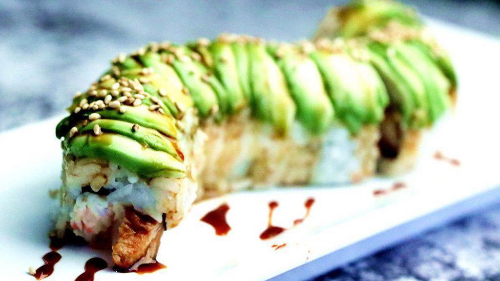 Caterpillar Roll · In: crabmeat, eel / out: avocado on top, eel sauce.