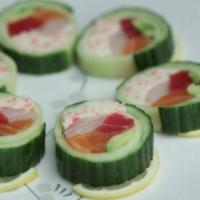 Oishi Roll · In: crabmeat, avocado, tuna, salmon, red snapper / out: cucumber wrap, ponzu sauce. This ite...